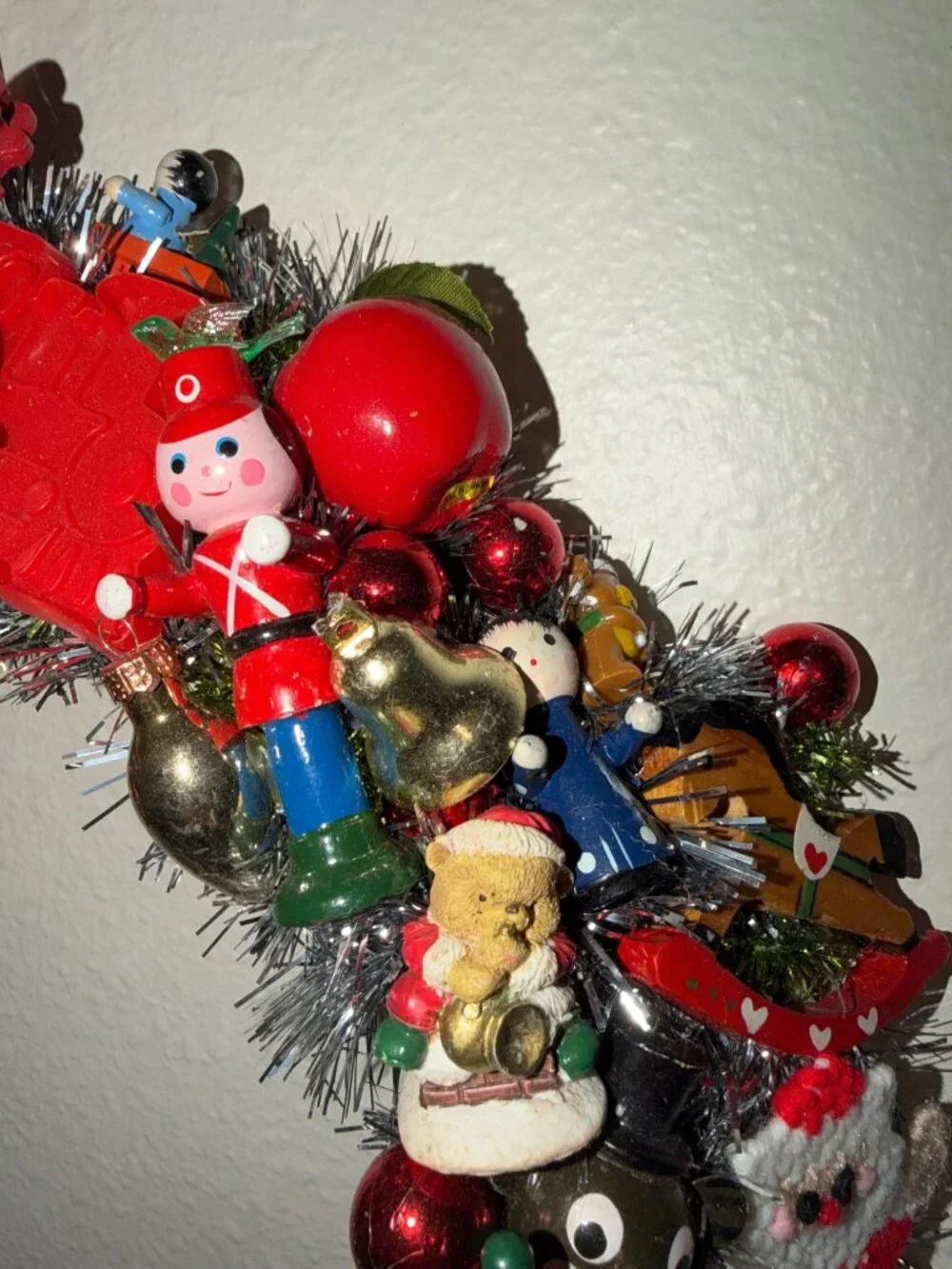 Christmas Wreath handmade w/ Vintage Wooden, Porcelain and Stitched Ornaments